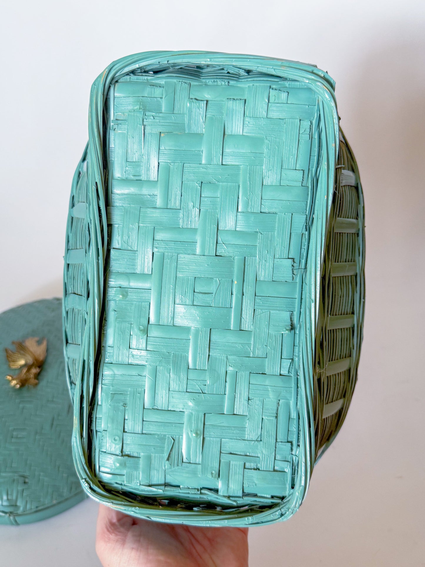 Vintage Lacquered Teal Woven Box With Brass Koi Fish Finial Knob