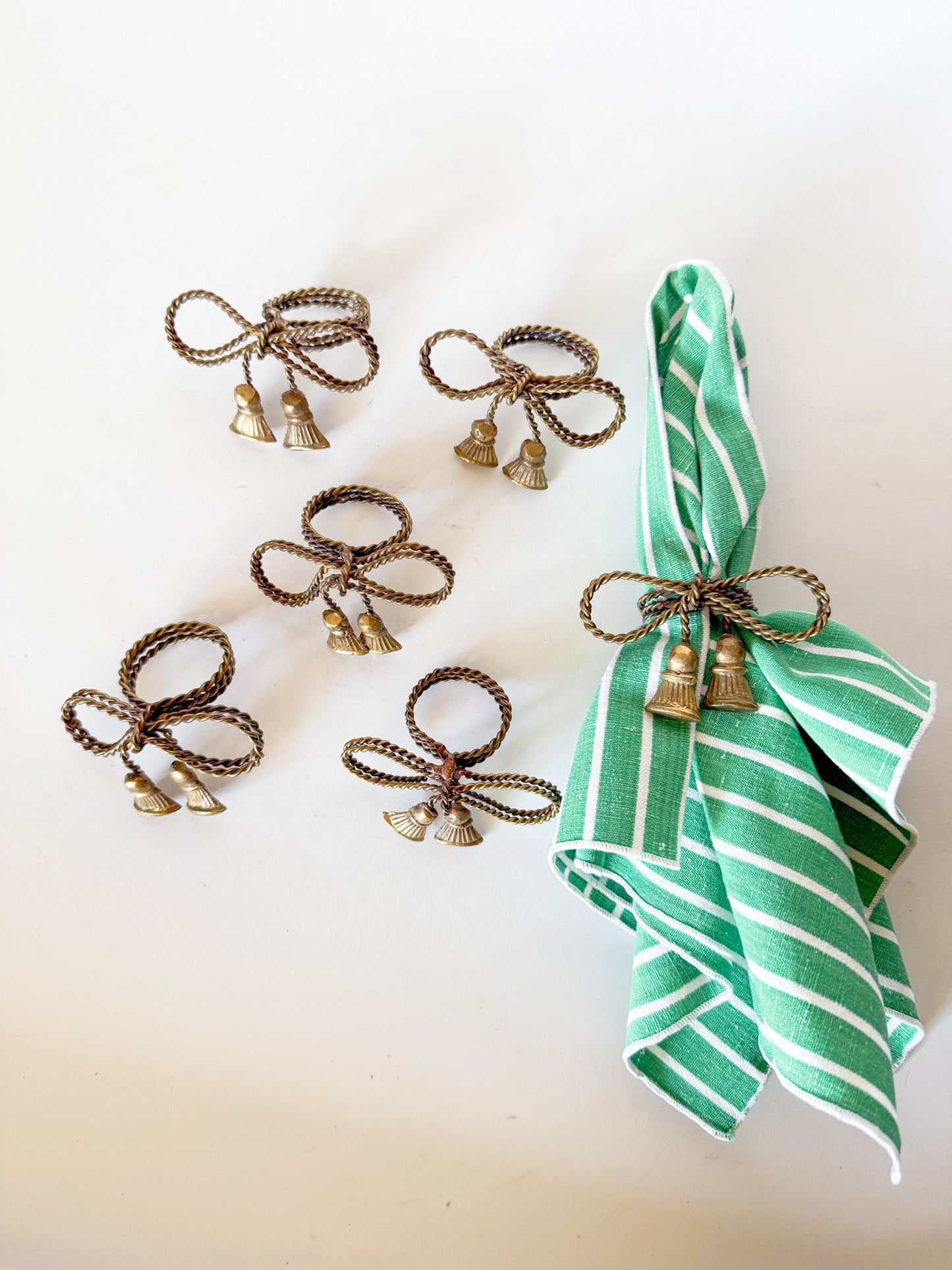 Vintage Brass Tassel Bow Napkin Rings - Set of 6