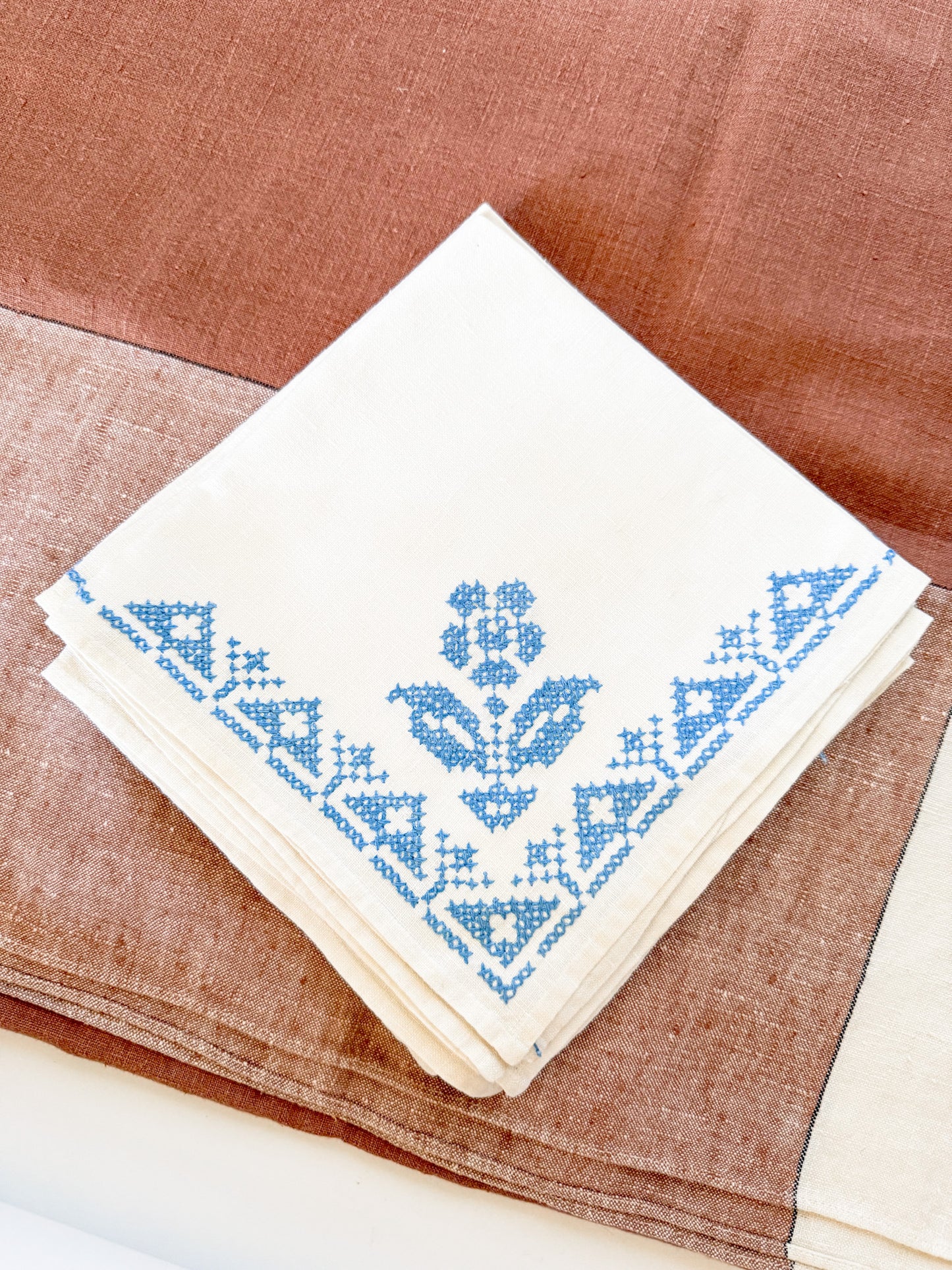 Vintage French Blue and White Embroidered Linen Napkins, Floral Motif