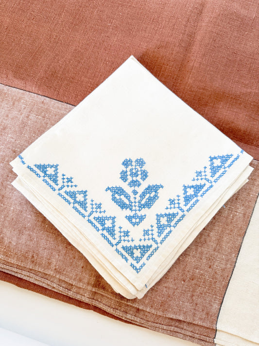 Vintage French Blue and White Embroidered Linen Napkins, Floral Motif