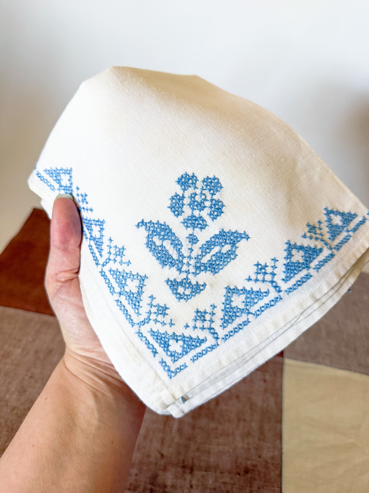 Vintage French Blue and White Embroidered Linen Napkins, Floral Motif