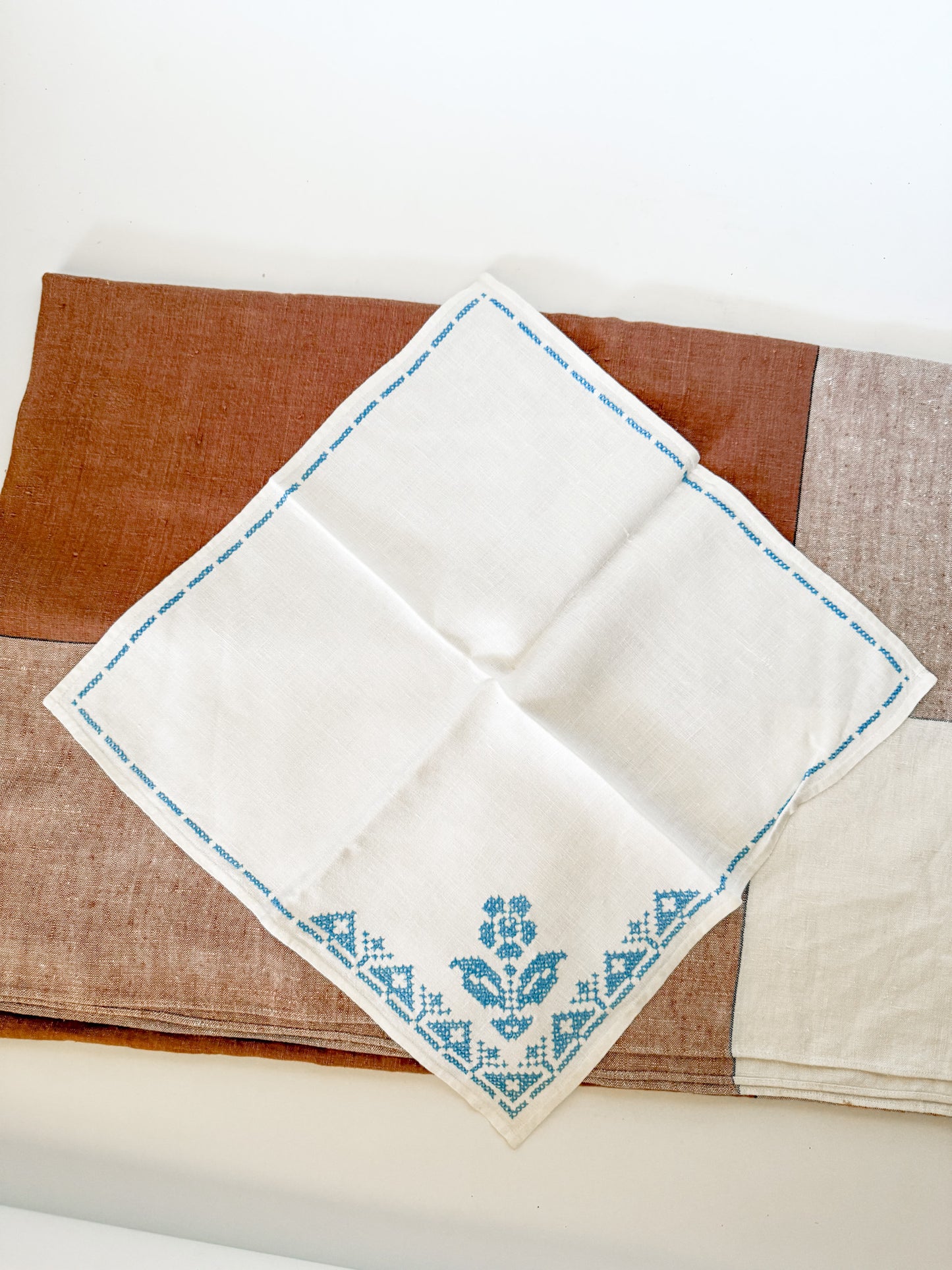 Vintage French Blue and White Embroidered Linen Napkins, Floral Motif