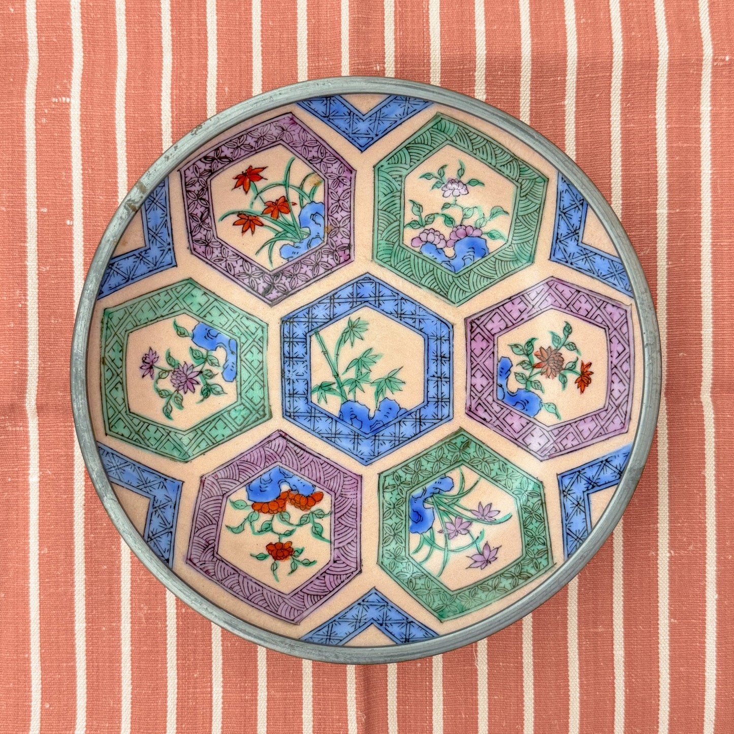 Vintage Pewter Encased Porcelain Chinoiserie Bowl