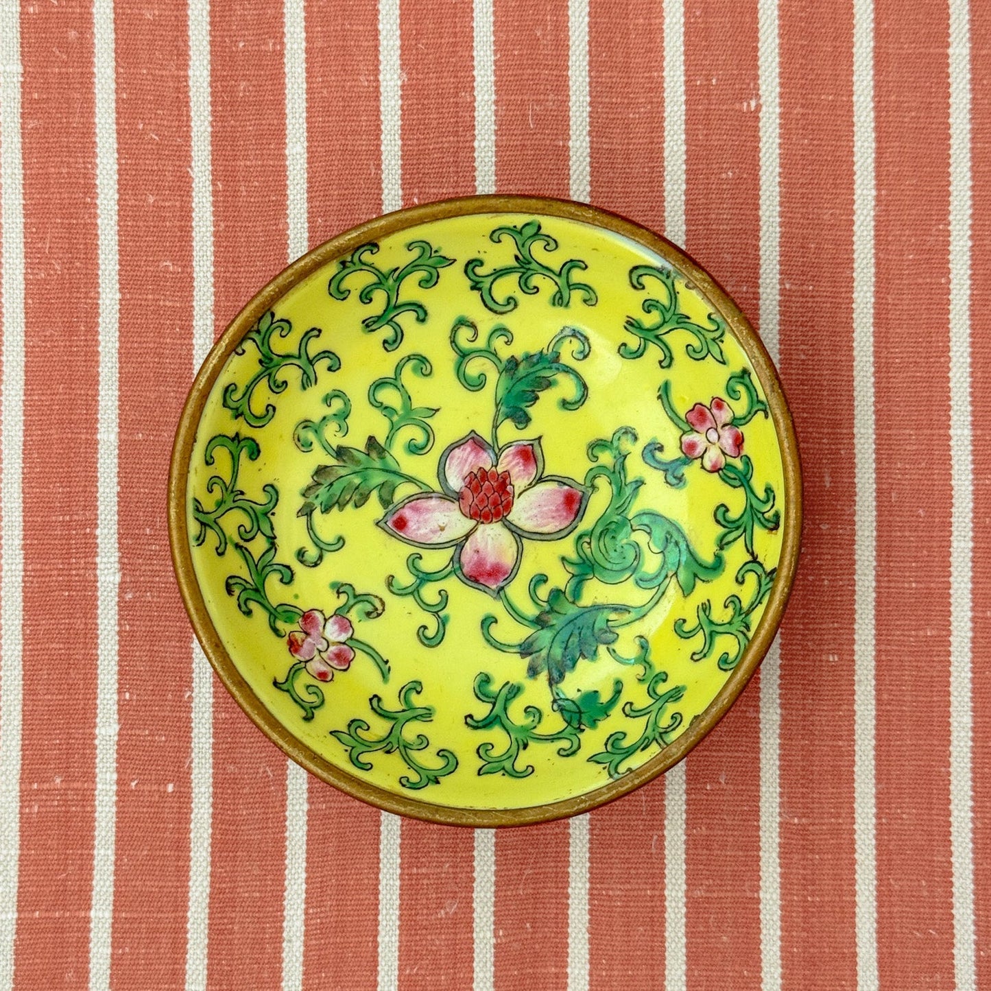 Vintage Brass Encased Yellow Chinoiserie Porcelain Dish