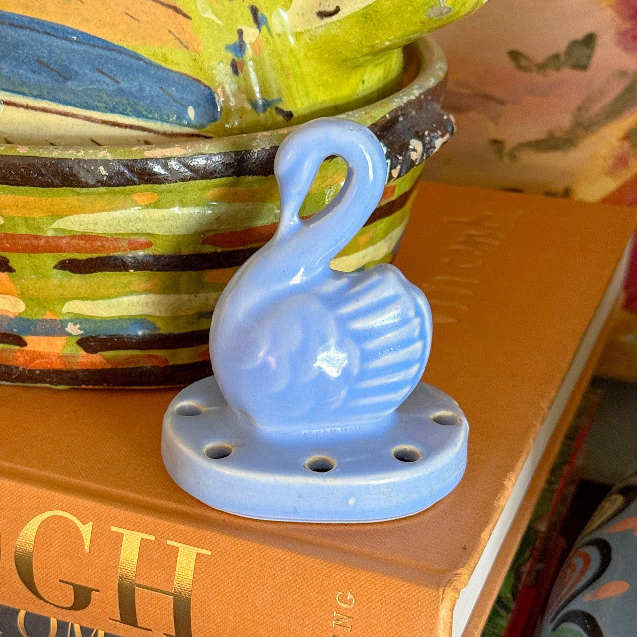 Vintage Perwinkle Swan Flower Frog by Shawnee Pottery