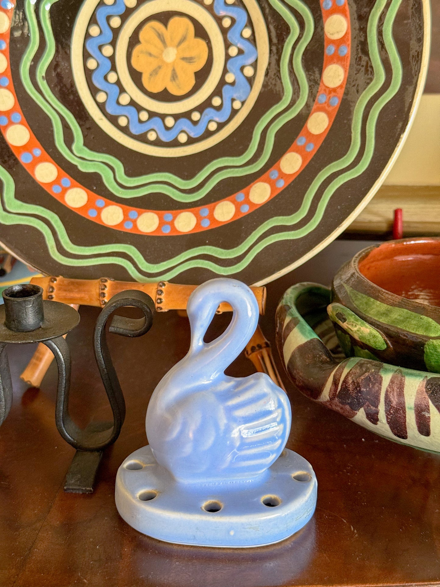Vintage Perwinkle Swan Flower Frog by Shawnee Pottery