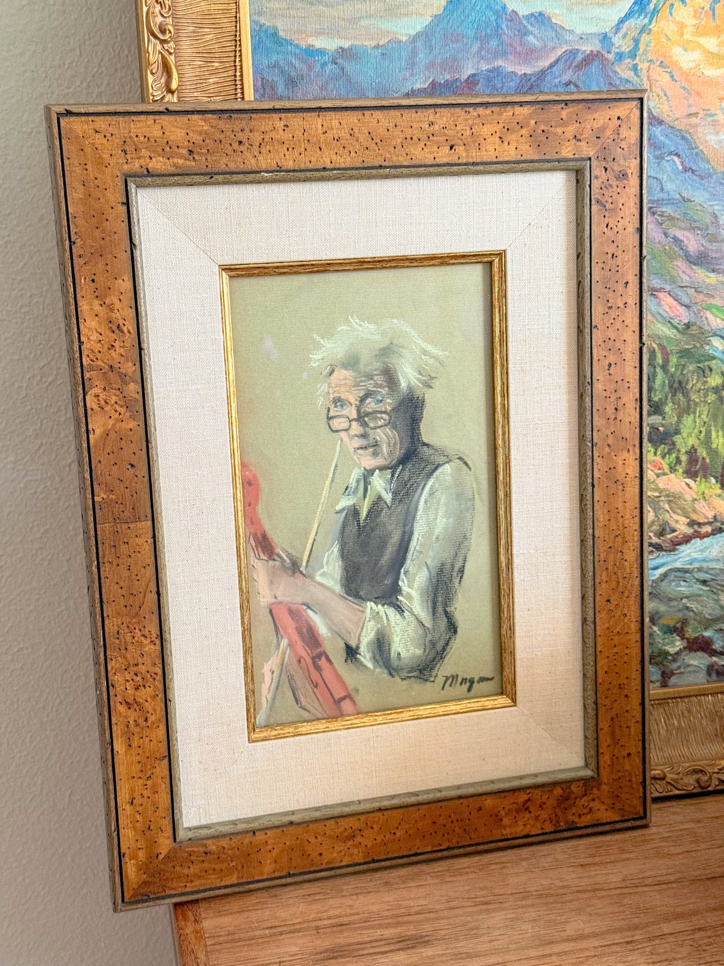 Framed Original Pastel Portrait Sketch of Violinist, Signed