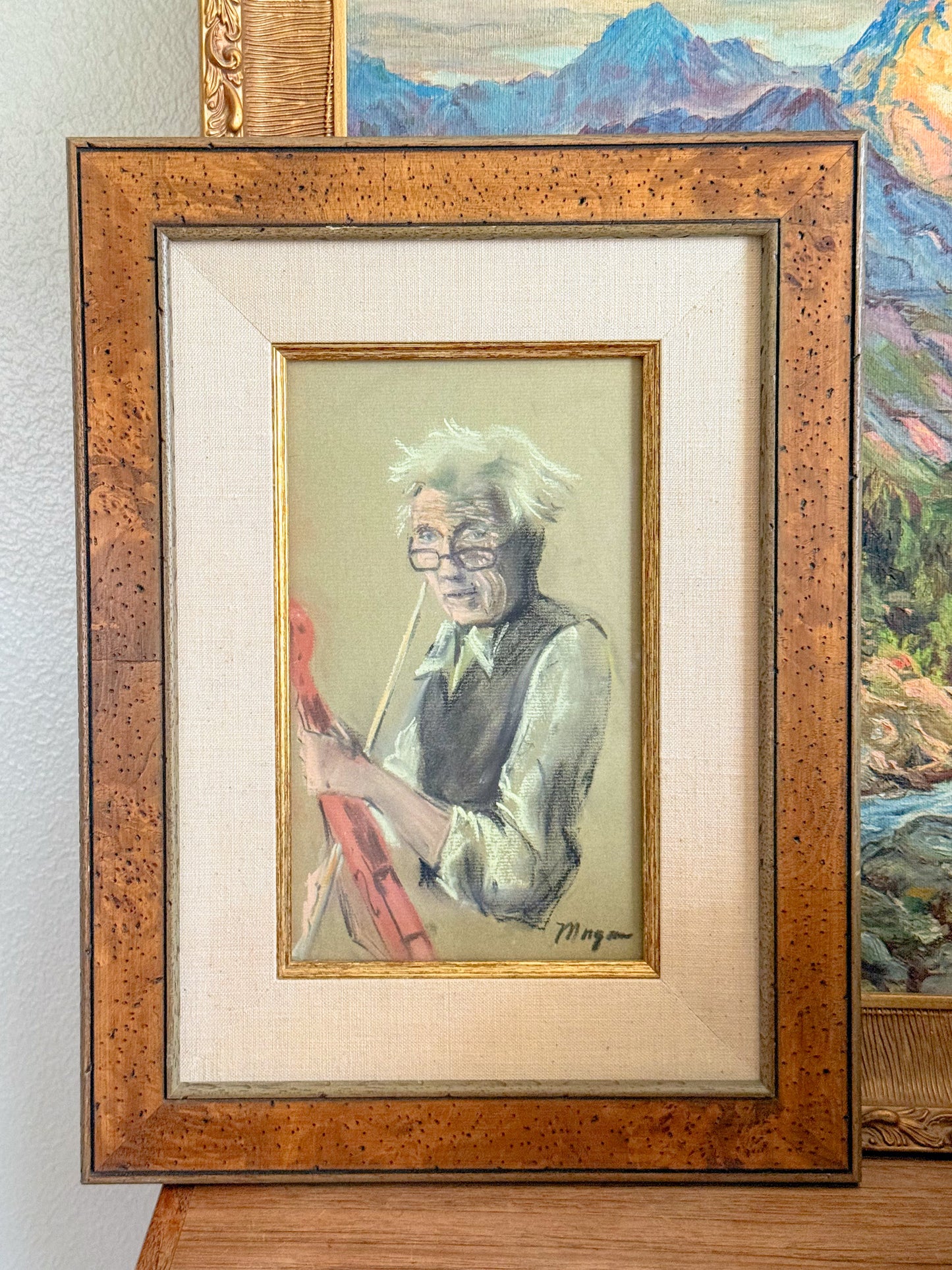 Framed Original Pastel Portrait Sketch of Violinist, Signed