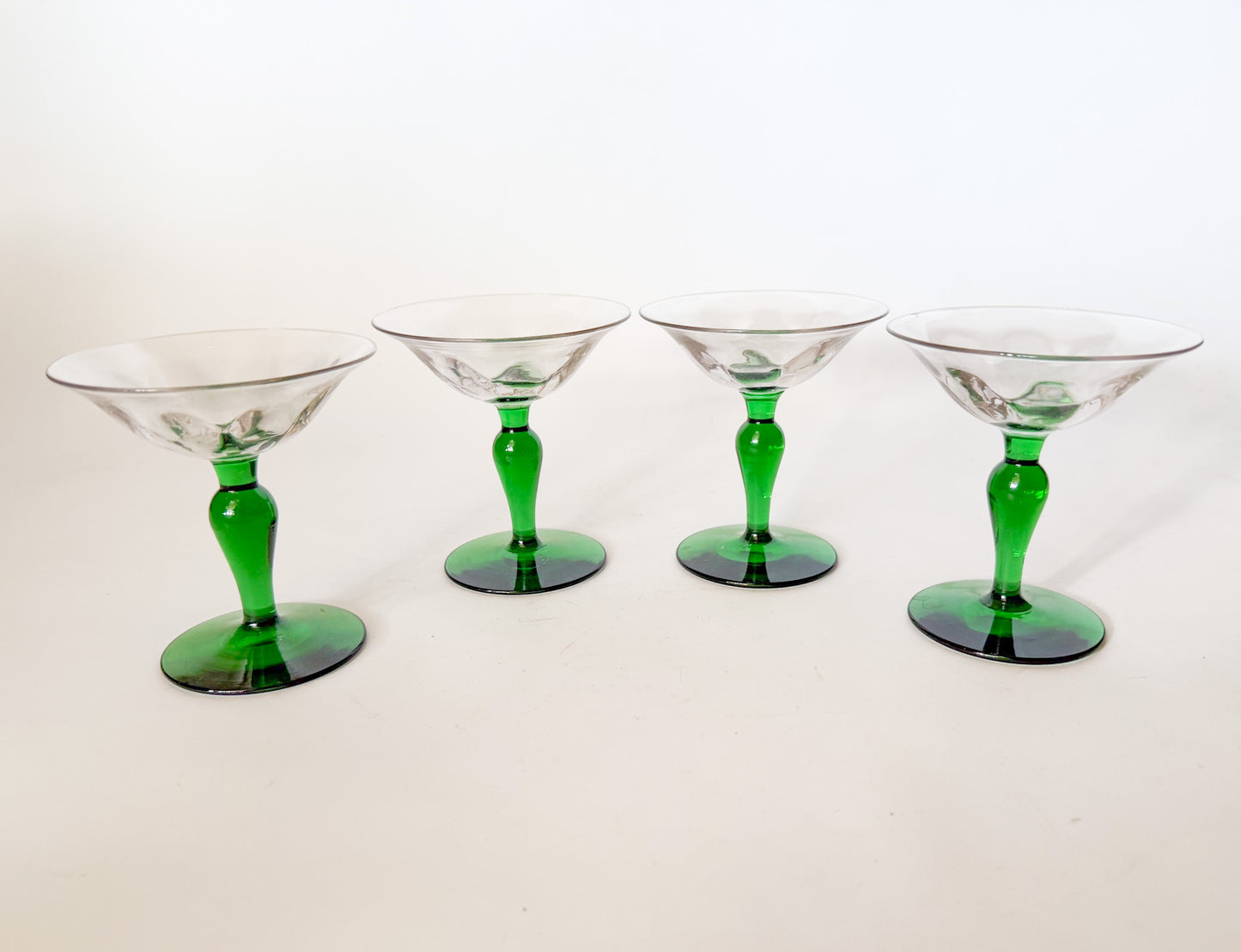 Antique Art Nouveau Green Blown Glass Coupes - Set of 4