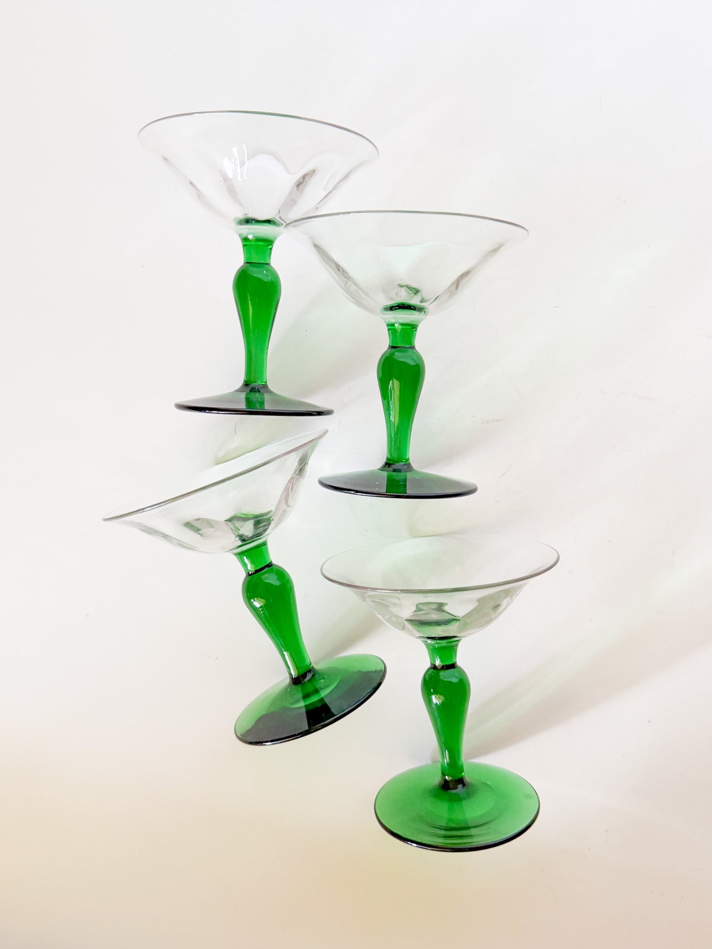 Antique Art Nouveau Green Blown Glass Coupes - Set of 4