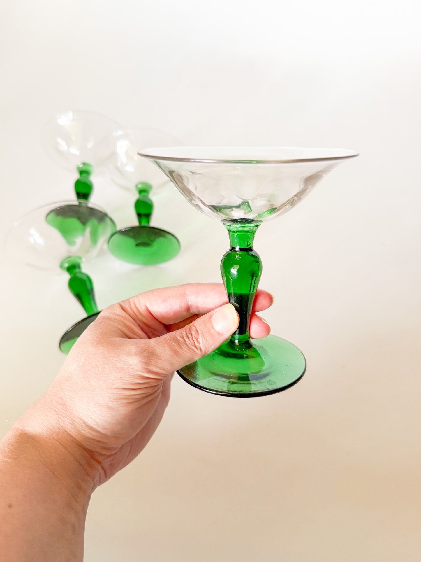 Antique Art Nouveau Green Blown Glass Coupes - Set of 4