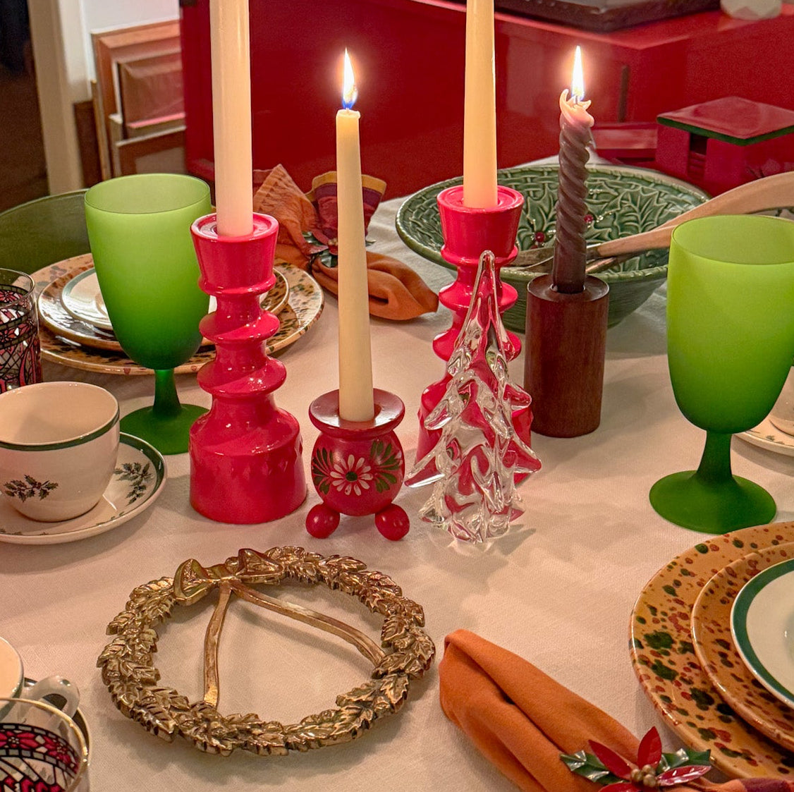 Vintage Swedish Folk Art Wooden Red Candlestick Holder