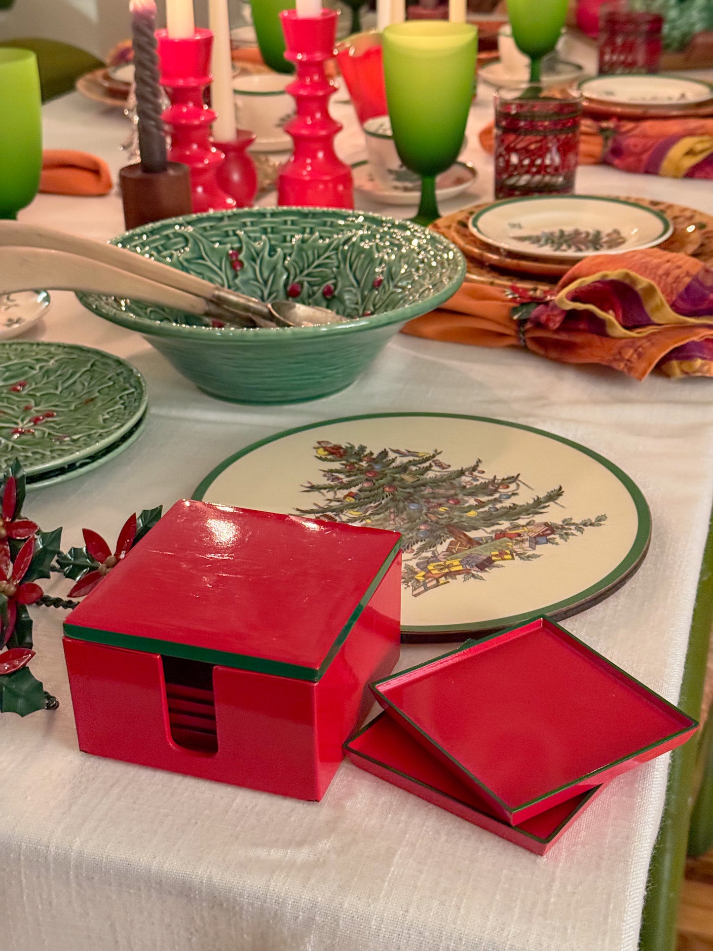 Vintage Lord & Taylor Red and Green Lacquerware Coaster Set- 7 Pieces