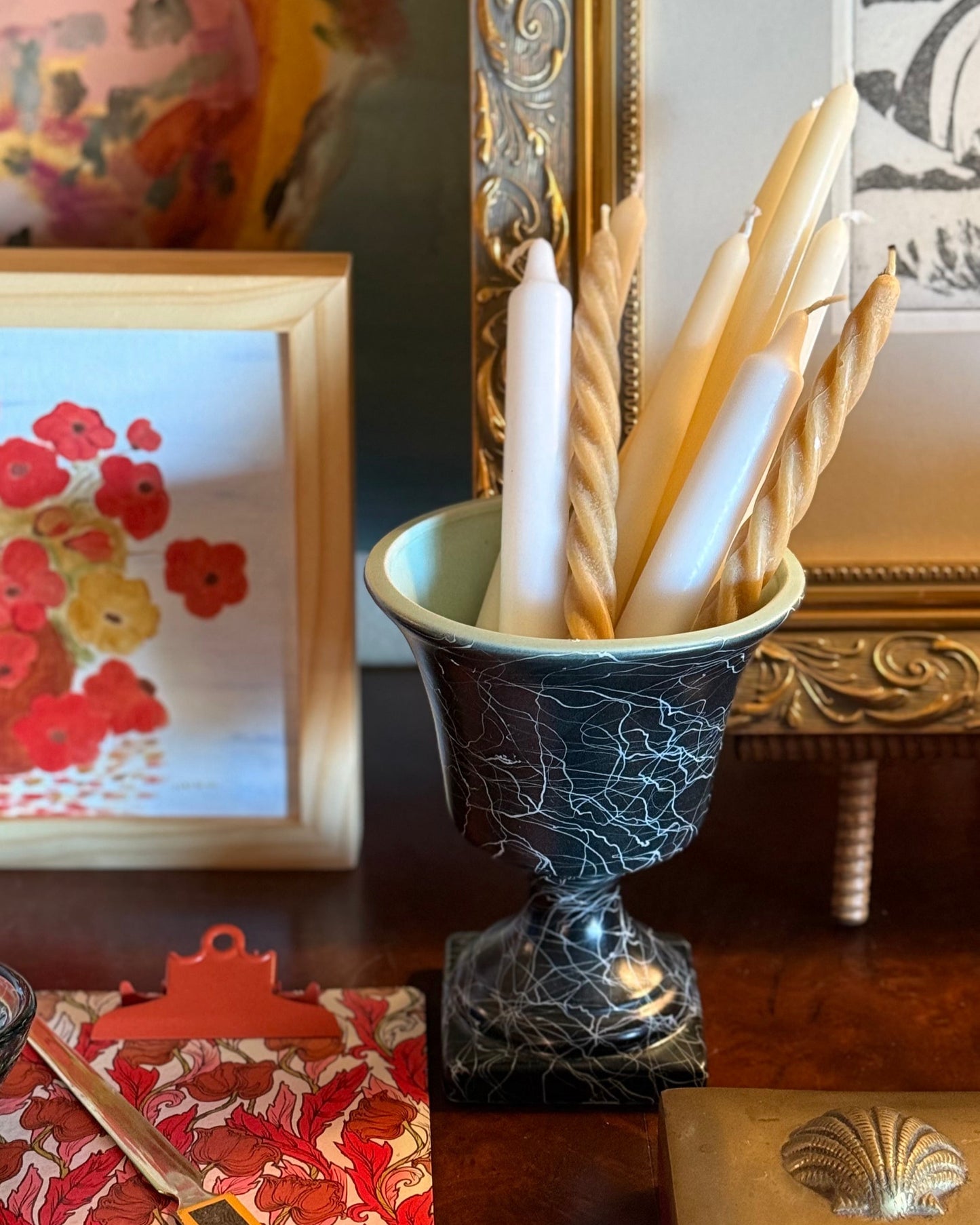 Mid-Century Modern Black Splatterware Pedestal Urn Vase