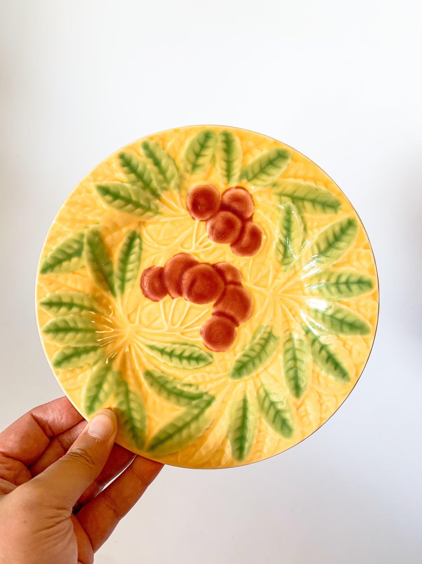 Vintage Bordallo Pinheiro Majolica Yellow Cherries Salad Plate