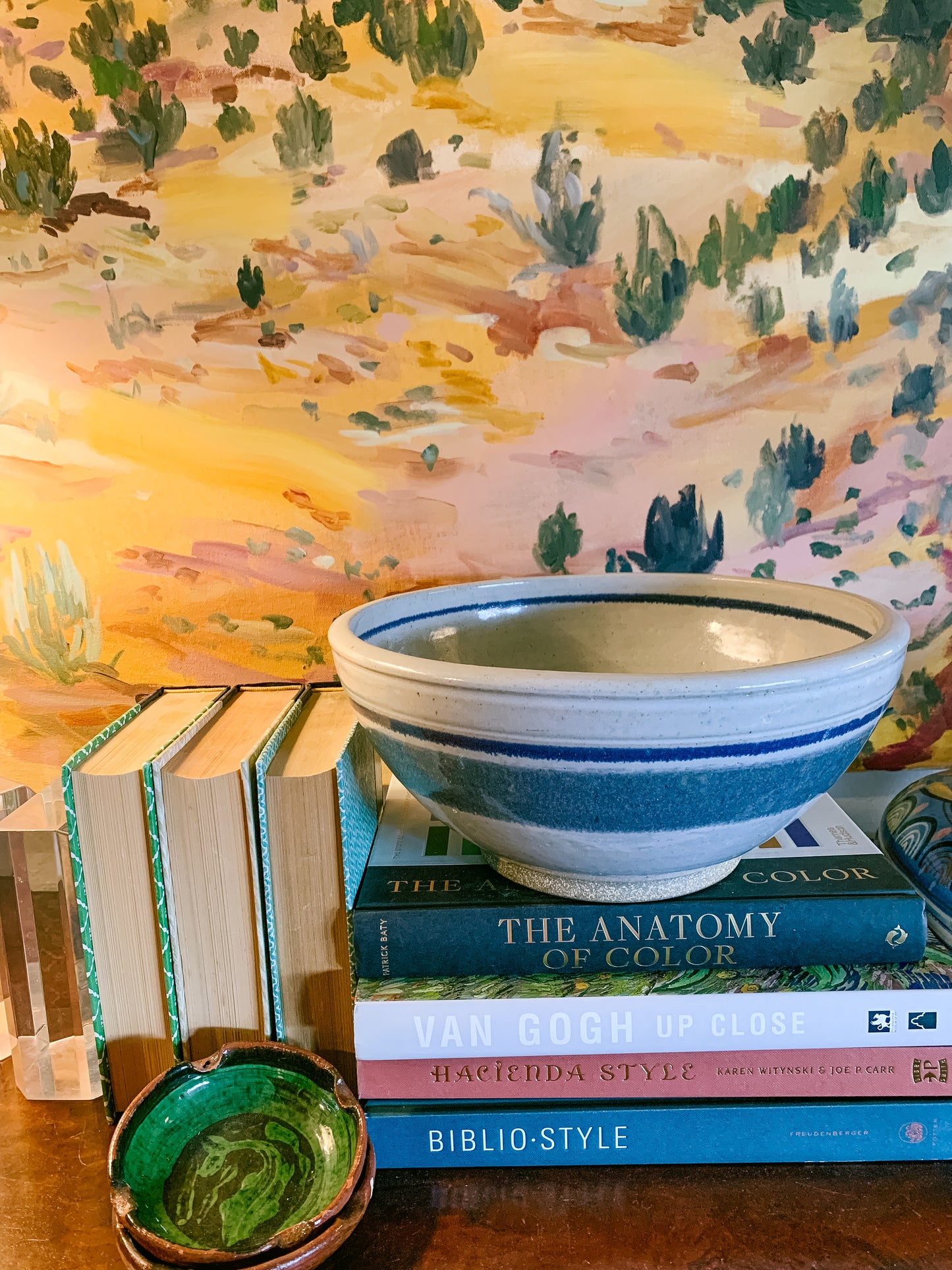 Large Vintage Studio Pottery Blue Striped Bowl
