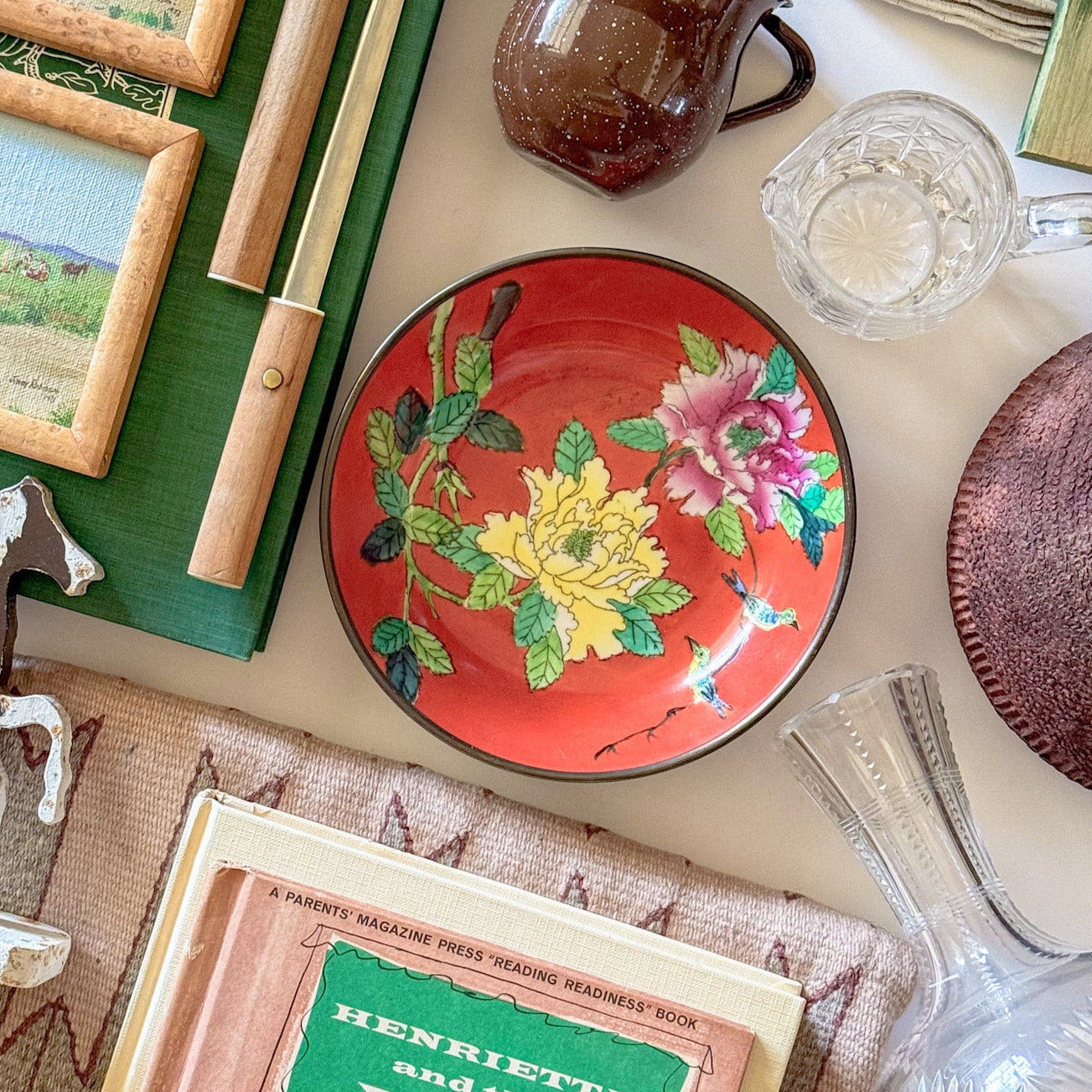 1970s Vintage Brass Encased Peony Chinoiserie Catchall Dish